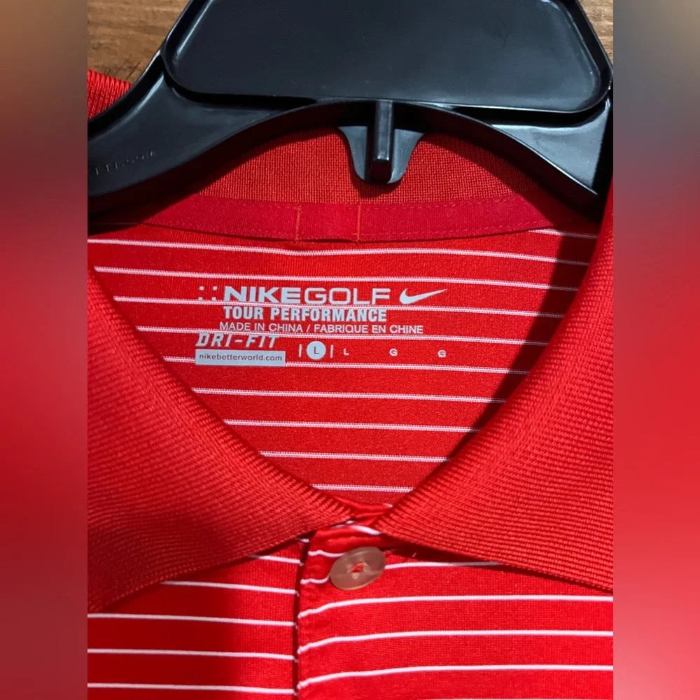 NIKE Golf Polo Shirt Mens Size Large Red White Striped Dri Fit‎ Tour Performance